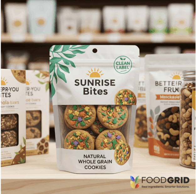 “better-for-you” product featuring clean-label sprinkles, A retail shelf view of a "better-for-you" product featuring clean-label sprinkles, with a clean label seal on the packaging to highlight brand standards and consumer trust.