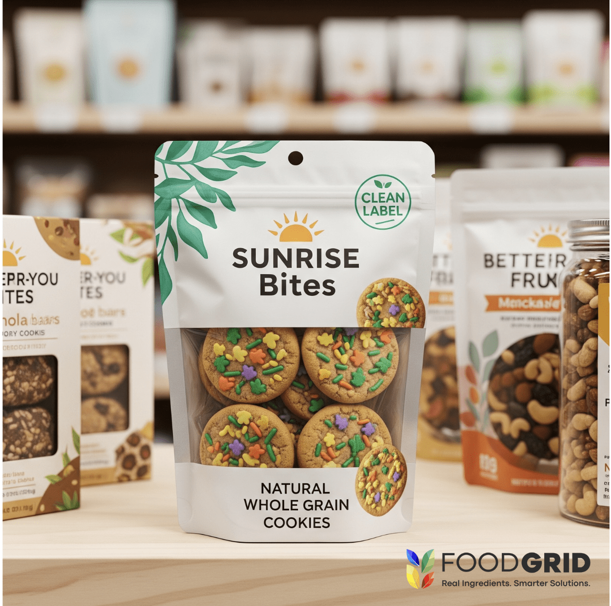 A retail shelf view of a "better-for-you" product featuring clean-label sprinkles, with a clean label seal on the packaging to highlight brand standards and consumer trust.