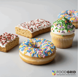 A professional studio photo showing the sprinkles on a variety of products (a donut, a cupcake, and a snack bar) to demonstrate their versatility and stability across different applications.